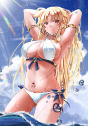 Rule 34 | 1girl, armlet, arms up, bikini, blonde hair, blue sky, blurry, blurry foreground, breasts, choker, cleavage, closed mouth, cloud, collarbone, criss-cross halter, day, fate testarossa, front-tie bikini top, front-tie top, halterneck, hands in hair, highres, large breasts, long hair, looking at viewer, lyrical nanoha, mahou shoujo lyrical nanoha strikers, navel, ocean, outdoors, red eyes, side-tie bikini bottom, sideboob, sky, smile, solo, sougetsu izuki, sparkle, summer, sunlight, swimsuit, very long hair, wading, white bikini, white choker