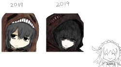 Rule 34 | 2017, 2019, 2girls, :&gt;, :&lt;, ^ ^, black eyes, black hair, blood on clothes, cloak, closed eyes, closed mouth, collar, comparison, dated, empty eyes, expressionless, facing viewer, grey eyes, grey hair, hair between eyes, highres, hood, hood up, hooded cloak, hoodie, jaggy lines, jitome, leaf (black souls), long hair, looking at viewer, looking to the side, maid, maid headdress, medium hair, meryphilia (black souls), miranda (black souls), multiple girls, no nose, open mouth, pointy ears, portrait, redrawn, revision, shaded face, simple background, sketch, smile, sushi yuusha toro, upper body, white background