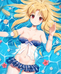 Rule 34 | 1girl, afloat, alternate hairstyle, bare shoulders, bikini, bikini skirt, blonde hair, blue bikini, blush, breasts, cleavage, collarbone, commentary request, cowboy shot, ereshkigal (fate), fate/grand order, fate (series), flower, from above, hair down, highres, long hair, medium breasts, navel, parted bangs, parted lips, red eyes, red flower, seashell bracelet, see-through, solo, stomach, strapless, strapless bikini, swimsuit, very long hair, water, white flower, zhi (yammycheese)