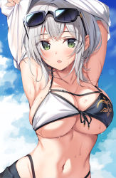 Rule 34 | 1girl, armpits, arms up, bikini, black-framed eyewear, breasts, cleavage, cloud, collarbone, commentary request, eyewear on head, front-tie bikini top, front-tie top, green eyes, highleg, highres, hololive, large breasts, looking at viewer, mole, mole on breast, navel, open mouth, oryo (oryo04), shirogane noel, shirogane noel (summer 2020), shirt, short hair, solo, stomach, string bikini, sunglasses, swimsuit, two-tone bikini, undressing, upper body, virtual youtuber, wet, white hair, white shirt