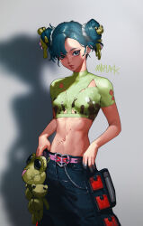 Rule 34 | 1girl, absurdres, artist name, belt, blue eyes, blue hair, breasts, cargo pants, commentary, crop top, doll, double bun, english commentary, grey background, hair bun, hair ornament, highres, looking at viewer, mashack, navel, original, pants, parted bangs, scrunchie, shadow, short sleeves, small breasts, solo, stitches