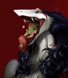 Rule 34 | dragon, fangs, furry, heart, long tongue, maw, multicolored hair, open mouth, rain silves, saliva, scar, sergal, size difference, speech bubble, spoken heart, tongue, tongue out, trancy mick, vore, yellow eyes