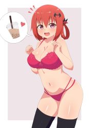 Rule 34 | 1girl, bad id, bad pixiv id, bat hair ornament, black thighhighs, blush, bow, bow bra, bra, breasts, bubble tea, bubble tea challenge, cleavage, collarbone, cup, disposable cup, drinking straw, fang, gabriel dropout, hair between eyes, hair ornament, hair rings, hands up, heart, highres, large breasts, looking at viewer, navel, nyaroon, open mouth, pink background, pink bra, purple background, purple eyes, red hair, satanichia kurumizawa mcdowell, shiny skin, smile, solo, spoken food, spoken heart, standing, thighhighs, thighs, tongue, two-tone background, underwear, underwear only, white background