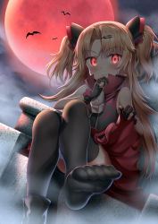Rule 34 | 1girl, absurdres, akatsuki uni, bare shoulders, bat (animal), black gloves, black shirt, black thighhighs, blonde hair, blush, closed mouth, clothes lift, cloud, cloudy sky, commentary request, crossed legs, dutch angle, fang, fang out, feet, full moon, gloves, hair between eyes, hair ornament, hairclip, hand to own mouth, highres, long hair, looking at viewer, moon, nedia (nedia region), no shoes, outdoors, partially fingerless gloves, red eyes, red moon, red skirt, shirt, sitting, skirt, skirt hold, sky, sleeveless, sleeveless shirt, solo, thighhighs, toes, two side up, uni create, very long hair, virtual youtuber, zipper pull tab