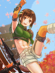 Rule 34 | 1990s (style), 1girl, 403 (artist), :d, abs, arm above head, arm up, armor, armpits, autumn leaves, brown eyes, brown hair, crop top, day, female focus, final fantasy, final fantasy vii, fingerless gloves, fishnets, from below, gloves, headband, kicking, leaf, leg lift, leg up, leg warmers, legs, maple leaf, midriff, navel, open fly, open mouth, outdoors, pagoda, ribbed sweater, short hair, shorts, shuriken, sky, sleeveless, sleeveless turtleneck, smile, solo, sweater, tree, turtleneck, unzipped, weapon, yuffie kisaragi