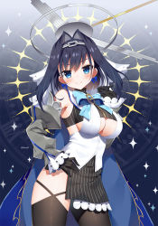 Rule 34 | 1girl, bare shoulders, black gloves, black skirt, black thighhighs, blue bow, blue eyes, bow, bow earrings, breasts, cleavage, closed mouth, commentary, detached sleeves, earrings, eyebrows hidden by hair, gloves, grey sleeves, hair between eyes, hair intakes, hand on own hip, hand up, highres, hololive, hololive english, jewelry, juliet sleeves, large breasts, long sleeves, looking at viewer, mauve, ouro kronii, puffy long sleeves, puffy sleeves, shirt, skirt, sleeveless, sleeveless shirt, smile, solo, sparkle, striped clothes, striped skirt, thighhighs, v-shaped eyebrows, vertical-striped clothes, vertical-striped skirt, virtual youtuber, white shirt