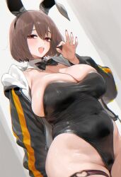 1girl :d animal_ears black_bow black_bowtie black_jacket black_leotard black_pubic_hair blush bow bowtie breasts brown_hair butsu_menhou chromatic_aberration cleavage collar covered_navel cowboy_shot detached_collar dutch_angle fake_animal_ears fellatio_gesture jacket large_breasts legs_together leotard long_sleeves looking_at_viewer medium_hair open_clothes open_jacket open_mouth original pubic_hair pubic_hair_peek rabbit_ears red_nails smile solo standing straight_hair teeth thigh_strap upper_teeth_only white_collar