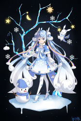 1girl 71-fen_xiansheng_you absurdres ahoge bare_tree blue_bow blue_dress blue_eyes blue_footwear blue_hair blush bow breasts closed_mouth commentary_request dark_background dress dress_bow earrings feather_hair_ornament feathers floating footwear_bow full_body fur-trimmed_sleeves fur_collar fur_trim gloves gradient_clothes gradient_dress gradient_hair hair_ornament hair_ribbon hairclip harp hatsune_miku high_heels highres holding_harp ice_crystal instrument jewelry layered_sleeves long_hair long_sleeves looking_at_viewer medium_breasts multicolored_hair night outdoors pantyhose rabbit_yukine rainbow_ribbon ribbon signature smile snowflake_print snowman solo standing star_(symbol) tree twintails very_long_hair vocaloid white_bow white_dress white_gloves white_hair white_pantyhose yuki_miku yuki_miku_(2022)_(applicant)