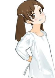 Rule 34 | 1girl, blouse, blush, breasts, bright pupils, brown eyes, brown hair, clothing request, co botan, commentary request, dot nose, grin, head tilt, highres, kantai collection, light blush, long sleeves, looking at viewer, medium hair, ryuujou (kancolle), shirt, short twintails, simple background, small breasts, smile, solo, twintails, upper body, white background, white shirt