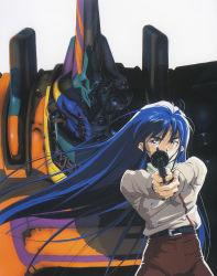 Rule 34 | 1990s (style), 1girl, aiming, aiming at viewer, belt, black belt, blue eyes, blue hair, brown pants, cowboy shot, facing viewer, grey background, gun, handgun, highres, holding, holding gun, holding weapon, long hair, long sleeves, looking at viewer, mecha, mikimoto haruhiko, nataruma, official art, orguss, orguss 02, own hands together, pants, retro artstyle, revolver, robot, scan, solo, two-handed, very long hair, weapon