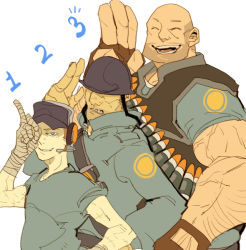 Rule 34 | 22 (tak ja), 3boys, bad id, bad pixiv id, bald, bandaged hand, bandages, bandolier, blu heavy (tf2), blu scout (tf2), blu soldier (tf2), blue eyes, closed eyes, covered eyes, explosive, fingerless gloves, gloves, hat, headset, heavy (tf2), height difference, helmet, helmet over eyes, male focus, middle finger, multiple boys, muscular, open mouth, scout (tf2), simple background, soldier (tf2), team fortress 2, white background