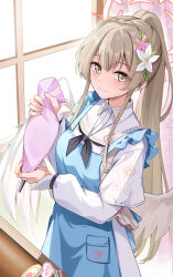 Rule 34 | 1girl, apron, black neckerchief, blue apron, blue archive, blush, breasts, brown eyes, brown hair, capelet, closed mouth, collared shirt, commentary request, dress, dress shirt, feathered wings, flower, hair between eyes, hair flower, hair ornament, highres, holding, indoors, konka, long sleeves, medium breasts, nagisa (blue archive), neckerchief, pastry bag, pink flower, ponytail, puffy long sleeves, puffy sleeves, sailor collar, shirt, sidelocks, sleeves past wrists, smile, solo, white capelet, white dress, white flower, white sailor collar, white shirt, white wings, wings