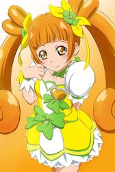Rule 34 | 1girl, arm behind back, blush, brooch, brown hair, choker, closed mouth, clover earrings, collarbone, cowboy shot, cure rosetta, dokidoki! precure, earrings, eyelashes, floating hair, flower, fuchi (nightmare), gradient background, green choker, green flower, hair flower, hair ornament, hair ribbon, heart, heart brooch, jewelry, layered skirt, long hair, magical girl, miniskirt, multicolored clothes, multicolored skirt, precure, ribbon, short sleeves, sketch, skirt, smile, solo, standing, very long hair, white skirt, white sleeves, yellow background, yellow eyes, yellow ribbon, yellow skirt, yotsuba alice