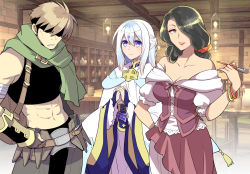 Rule 34 | 2girls, bare shoulders, black hair, blue eyes, blush, bottle, bracelet, breasts, bridal gauntlets, ckj, cleavage, cloak, closed mouth, corset, dress, hair ornament, hair over eyes, hair over one eye, hand up, hands together, highres, holding, holding smoking pipe, indoors, jewelry, knife, large breasts, light blush, long hair, looking at viewer, multiple girls, muscular, navel, off shoulder, original, parted lips, smoking pipe, puffy short sleeves, puffy sleeves, scarf, seijo-sama to boukenshadomo no x nikkan ～seichishiki zero no seijo ni seiyoku wo moteamasu tabi～, short sleeves, standing, white hair, wide sleeves, yellow eyes