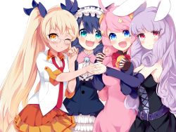 Rule 34 | 10s, 4girls, animal ears, bare shoulders, blonde hair, blue eyes, blue hair, blush, breasts, rabbit ears, cat ears, chuchu (show by rock!!), cyan (show by rock!!), glasses, holding hands, highres, interlocked fingers, japa, long hair, looking at viewer, moa (show by rock!!), multiple girls, one eye closed, open mouth, pink eyes, pink hair, purple hair, retoree (show by rock!!), show by rock!!, simple background, skirt, smile, star (symbol), twintails, very long hair, white background, yellow eyes