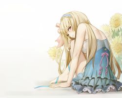 Rule 34 | 1girl, bare shoulders, barefoot, blonde hair, blush, breasts, civia, crossed ankles, dress, flower, from behind, hair ribbon, hairband, highres, hololive, hololive china, horns, long hair, looking at viewer, looking back, medium breasts, purple eyes, ribbon, single horn, sitting, siyumu, smile, solo, sunflower, very long hair, virtual youtuber