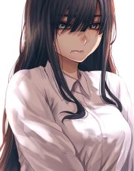 Rule 34 | 1girl, black hair, blue eyes, breasts, closed mouth, collared shirt, hair between eyes, highres, hoshi san 3, large breasts, long hair, looking at viewer, mole, mole under mouth, original, shirt, simple background, solo, upper body, white background, white shirt, wing collar