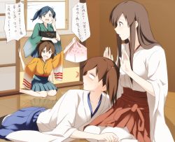 Rule 34 | 10s, 4girls, akagi (kancolle), asymmetrical hair, bad id, bad pixiv id, black hair, blush, breasts, brown eyes, brown hair, hiryuu (kancolle), japanese clothes, kaga (kancolle), kantai collection, kisetsu, lap pillow, long hair, looking at another, lying on lap, lying on person, multiple girls, bento, open mouth, ribbon, short hair, side ponytail, sitting, skirt, small breasts, smile, souryuu (kancolle), surprised, thighhighs, translation request, twintails, wariza, yuri