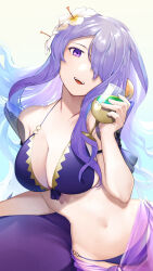 Rule 34 | 1girl, absurdres, bikini, breasts, camilla (fire emblem), camilla (summer) (fire emblem), cleavage, commentary request, cup, drinking glass, fire emblem, fire emblem fates, fire emblem heroes, floating hair, flower, hair flower, hair ornament, hair over one eye, highres, holding, holding cup, ikura (downdexp), large breasts, long hair, navel, nintendo, official alternate costume, one eye covered, purple bikini, purple eyes, purple hair, purple sarong, sarong, see-through sarong, signature, smile, solo, stomach, swimsuit, teeth, upper teeth only, very long hair, wavy hair, white background, white flower