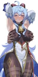 Rule 34 | 1girl, @ @, ahoge, armpits, arms up, bell, black pantyhose, blue hair, blush, breasts, detached sleeves, disembodied hand, ganyu (genshin impact), genshin impact, gold trim, grabbing, grabbing another&#039;s breast, grabbing from behind, heavy breathing, highres, horns, large breasts, long hair, monoi daru, neck bell, nose blush, pantyhose, purple eyes, red rope, rope, sidelocks, standing, sweat, sweatdrop, thighlet, thighs, waist cape, white background, white sleeves
