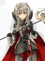 Rule 34 | 1girl, armor, black armor, black gloves, cape, crown, fire emblem, fire emblem heroes, geazs, gloves, grey hair, hair ornament, highres, holding, holding staff, long hair, long sleeves, nintendo, open mouth, red eyes, shoulder armor, simple background, solo, staff, veronica (fire emblem), white background