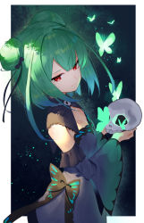 Rule 34 | 1girl, absurdres, bow, breasts, brooch, bug, butterfly, cleavage, dark, detached sleeves, double bun, dress, flat chest, glowing, green hair, hair bun, highres, hololive, insect, jewelry, light particles, looking to the side, red eyes, scottie (phantom2), short hair, skull, smile, solo, uruha rushia, uruha rushia (1st costume), virtual youtuber