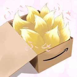 Rule 34 | 1girl, amazon (company), blonde hair, box, female focus, fox tail, in box, in container, multiple tails, solo, tail, tail wagging, touhou, yakumo ran, yume shokunin