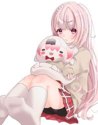 Rule 34 | 1girl, :t, blush, braid, calf socks, character doll, character request, gumi lilk, highres, holding, holding stuffed toy, hugging doll, hugging object, knees up, long hair, looking to the side, nijisanji, no shoes, pantyhose, pantyhose under shorts, pink eyes, pink hair, plaid, plaid skirt, pleated skirt, school uniform, shiina yuika, shiina yuika (1st costume), shorts, sitting, skirt, sleeves past wrists, socks, stuffed toy, sweater, very long hair, virtual youtuber
