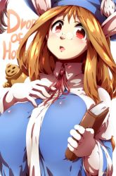 Rule 34 | 1girl, animal ears, book, breasts, breath of fire, breath of fire iii, brown hair, rabbit ears, glasses, hat, honey (breath of fire), huge breasts, long hair, momo (breath of fire), open mouth, pince-nez, red eyes, solo, tokyo (great akuta), unaligned breasts