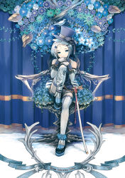 Rule 34 | 1girl, bad id, bad pixiv id, bird, blue eyes, blue hair, cane, chair, curtains, feet on chair, flower, full body, gloves, hair ornament, hairclip, hairpin, hat, hat ribbon, kaito (k4itoh), looking at viewer, matching hair/eyes, original, ribbon, short hair, sitting, smile, solo, thighhighs