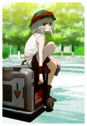 Rule 34 | 1girl, blush, boots, brown eyes, can, g11 (girls&#039; frontline), girls&#039; frontline, grey hair, hat, highres, holding, holding can, mush, open mouth, short hair, shorts, sitting, solo, sweat, tree, wristband