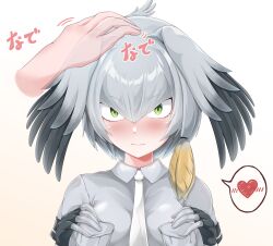 Rule 34 | 1girl, absurdres, bird wings, blonde hair, blush, breast pocket, breasts, closed mouth, collared shirt, disembodied hand, fingerless gloves, gloves, gradient background, green eyes, grey hair, grey shirt, hair between eyes, hand on another&#039;s head, hands on own chest, head wings, headpat, heart, highres, kemono friends, long bangs, long hair, looking at viewer, muki (munikichan), multicolored hair, necktie, pocket, shirt, shoebill (kemono friends), side ponytail, smile, solo focus, spoken heart, upper body, white necktie, wing collar, wings