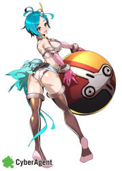 Rule 34 | 1girl, :d, ahoge, antenna hair, aqua hair, ass, ball, bare shoulders, black thighhighs, blue hair, blush, bracer, breasts, cinnamon (battle no jikan), company name, elbow gloves, from behind, full body, gloves, hair ornament, halterneck, highres, holding, holding ball, kneepits, large breasts, looking at viewer, looking back, open mouth, orange eyes, panties, pink gloves, ribbon, sarong, sensei! tsugi wa batoru no jikan desu, sensei! tsugi wa battle no jikan desu., short hair, simple background, smile, solo, thighhighs, tomoyuki kotani, underboob, underwear, white background, white panties