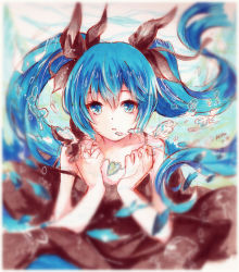 Rule 34 | 1girl, absurdres, alitia, artist name, blue eyes, blue hair, blurry, bow, brown dress, dated, dress, hair bow, hatsune miku, highres, jewelry, long hair, looking at viewer, matching hair/eyes, open mouth, pendant, shinkai shoujo (vocaloid), solo, twintails, underwater, vocaloid