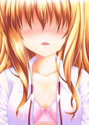 Rule 34 | 1girl, blonde hair, blouse, blush, bra, close-up, collarbone, flo (guilty hearts), hair over eyes, isurugi mio, long hair, mm!, no eyes, open clothes, open mouth, open shirt, pink background, shirt, solo, sweat, underwear, wet, white shirt