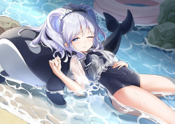 Rule 34 | 1girl, absurdres, blue eyes, breasts, chiya 1589505970, closed mouth, covered navel, day, female focus, hand on own stomach, hand up, highres, in water, long hair, looking at viewer, lying, on back, one eye closed, outdoors, school swimsuit, sigsbee (warship girls r), silver hair, small breasts, smile, solo, swimsuit, thighs, warship girls r, water, wet, wet clothes, wet swimsuit