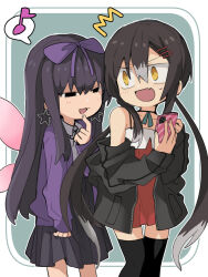 Rule 34 | 2girls, :d, ^^^, black hair, black jacket, black ribbon, black skirt, black thighhighs, blush, bow, cellphone, collared shirt, commentary request, cookie (touhou), dress, earrings, fairy wings, fang, feet out of frame, flat chest, grey hair, hair bow, hair ornament, hairclip, holding, holding phone, jacket, jewelry, long hair, looking at another, multicolored hair, multiple girls, musical note, nahori (hotbeans), neck ribbon, off shoulder, open clothes, open jacket, open mouth, phone, pleated skirt, purple bow, purple jacket, red dress, ribbon, shirt, shunga youkyu, skin fang, skirt, sleeveless, sleeveless dress, smartphone, smile, spaghetti strap, spoken musical note, star (symbol), star earrings, star sapphire, thighhighs, touhou, two-tone hair, very long hair, white shirt, wings, yellow eyes, yuyusu (cookie)