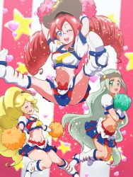 Rule 34 | 3girls, blonde hair, blonde haired cure (bomber girls precure) (happinesscharge precure!), blue eyes, blue skirt, blush, boots, bow, brooch, cheerleader, cosplay, cowboy hat, crop top, cure honey, cure honey (cosplay), cure honey (popcorn cheer), freckles, full body, green eyes, grey hair, grey haired cure (bomber girls precure) (happinesscharge precure!), happinesscharge precure!, hat, headband, heart, heart brooch, jewelry, jumping, knee boots, long hair, magical girl, midriff, mini hat, miniskirt, multicolored clothes, multicolored skirt, multiple girls, navel, pom pom (cheerleading), precure, red hair, red haired cure (bomber girls precure) (happinesscharge precure!), skirt, smile, spread legs, star (symbol), striped, striped background, tj-type1, twintails, v legs, vertical stripes, waist bow, wrist cuffs, yellow eyes