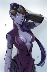 Rule 34 | 1girl, bodysuit, breasts, center opening, colored skin, earrings, gloves, gradient background, grey background, hand in own hair, head-mounted display, highres, imdsound, jewelry, lips, long hair, looking at viewer, md5 mismatch, medium breasts, overwatch, overwatch 1, ponytail, purple hair, purple skin, resolution mismatch, sketch, solo, source smaller, stud earrings, very long hair, white background, widowmaker (overwatch), yellow eyes
