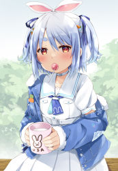 Rule 34 | 1girl, animal ears, blue hair, blue jacket, blue ribbon, blush, candy, carrot hair ornament, choker, collarbone, commentary request, cup, dress, food, food-themed hair ornament, food in mouth, fur-trimmed jacket, fur-trimmed sleeves, fur trim, hair between eyes, hair ornament, hair ribbon, holding, holding cup, hololive, jacket, lollipop, long sleeves, mouth hold, mug, natsume eri, off shoulder, open clothes, open jacket, pleated dress, rabbit-shaped pupils, rabbit ears, red eyes, ribbon, short eyebrows, sitting, sleeves past wrists, solo, symbol-shaped pupils, thick eyebrows, two side up, usada pekora, usada pekora (casual), virtual youtuber, white choker, white dress