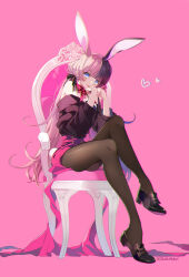 Rule 34 | 1girl, animal ears, artist name, bare shoulders, black bow, black footwear, black hair, black sweater, black thighhighs, blue eyes, blunt bangs, bow, bowtie, chair, dated, fake animal ears, flipped hair, hair bow, heart, heart print, high-waist skirt, highres, iris black games, loafers, long hair, looking at viewer, multicolored hair, off-shoulder sweater, off shoulder, pink background, pink bow, pink bowtie, pink hair, pink ribbon, pink skirt, rabbit ears, ribbon, seri sketch, shoes, sidelocks, simple background, sitting, skirt, solo, split-color hair, sweater, tachibana hinano (vtuber), thighhighs, tongue, tongue out, twintails, virtual youtuber, vspo!