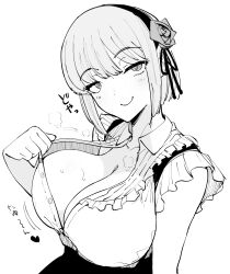 Rule 34 | 1girl, absurdres, breasts, cleavage, clothes pull, dagashi kashi, hair ornament, hairband, half-closed eyes, heart, highres, japanese text, large breasts, looking at viewer, monochrome, no bra, pulled by self, seductive smile, shidare hotaru, short hair, sitting, skirt, smile, solo, suspenders, sweat, swimsuit, teasing, top pull, traditional media, translated, unbuttoned, unbuttoned shirt