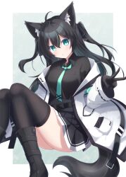 Rule 34 | 1girl, animal ear fluff, animal ears, ass, black footwear, black gloves, black hair, black shirt, black skirt, black thighhighs, boots, breasts, collared shirt, fox ears, fox girl, fox tail, gloves, green background, green eyes, green necktie, hair between eyes, knees together feet apart, knees up, long hair, long sleeves, medium breasts, necktie, original, pleated skirt, puffy long sleeves, puffy sleeves, shirt, sitting, skirt, sleeves past wrists, solo, surume aburi, tail, thighhighs, thighhighs under boots, two-tone background, two side up, v, very long hair, white background