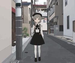 Rule 34 | 1girl, absurdres, alley, arm at side, backpack, bag, beret, black hat, black ribbon, black skirt, brown eyes, building, city, collared shirt, commentary, dress shirt, expressionless, grey hair, hair ribbon, hat, hatoba tsugu, highres, holding strap, lamppost, long sleeves, looking at viewer, medium hair, mole, mole under eye, outdoors, overcast, pantyhose, plant, potted plant, power lines, ribbon, rurikino (ruriiro kinoko), shirt, shirt tucked in, single hair ring, skirt, sky, solo, standing, straight-on, street gutter, suspender skirt, suspenders, tsugu (vtuber), urban, utility pole, virtual youtuber, white pantyhose, white shirt
