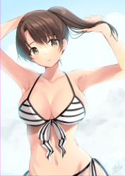 Rule 34 | 1girl, arms up, azuma yuki, bare arms, bikini, breasts, brown eyes, brown hair, cleavage, collarbone, commentary request, dated, female focus, hand in own hair, highres, katou megumi, large breasts, looking at viewer, navel, parted lips, ponytail, saenai heroine no sodatekata, short hair, signature, simple background, solo, standing, striped bikini, striped clothes, swimsuit, upper body, white bikini