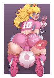 Rule 34 | 1girl, absurdres, arcanensfw, ass, ball, bent over, blonde hair, blue eyes, blush, cameltoe, gloves, highres, huge ass, legs, lipstick mark, long hair, looking at viewer, looking back, mario (series), midriff, nintendo, parted lips, pink lips, ponytail, princess, princess peach, shorts, sitting, smile, soccer, soccer ball, soccer uniform, solo, sportswear, super mario strikers, sweatdrop, thick thighs, thighs, v