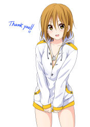 Rule 34 | :d, blush, brown eyes, brown hair, commentary request, dresstrip, hair between eyes, hair down, highres, jacket, jewelry, k-on!, long sleeves, looking at viewer, naked jacket, necklace, no hairband, open mouth, short hair, simple background, smile, tainaka ritsu, thank you, thighs, white background, white jacket