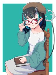 Rule 34 | 1girl, adjusting eyewear, alternate costume, beret, bespectacled, black hair, blue background, blue hair, blue jacket, book, breasts, brown hat, chair, closed mouth, commentary request, demon girl, demon horns, demon tail, dress, fang, feet out of frame, glasses, hat, highres, horns, jacket, looking at viewer, medium bangs, medium hair, multicolored hair, nanashi inc., open clothes, open jacket, pointy ears, red-framed eyewear, red eyes, rokusuke nonaka, shishio chris, simple background, sitting, small breasts, smile, solo, tail, two-tone background, two-tone hair, virtual youtuber, white background, white dress