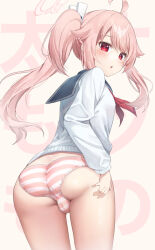 Rule 34 | 1girl, :o, ass, asymmetrical sidelocks, blue archive, blue sailor collar, blush, cowboy shot, from behind, halo, highres, long sleeves, looking at viewer, looking back, natsu (blue archive), neckerchief, no.054 (adar5857), no pants, open mouth, panties, parted bangs, pink hair, pink halo, pink panties, ponytail, red eyes, red neckerchief, sailor collar, shirt, side ponytail, simple background, solo, striped clothes, striped panties, text background, thighs, underwear, white background, white shirt, white stripes