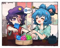 Rule 34 | 2girls, blue dress, blue hair, blush, collared vest, dress, fingernails, frills, hair ornament, hair rings, hair stick, hat, hat ornament, highres, howhow notei, jiangshi, kaku seiga, medium hair, miyako yoshika, multiple girls, ofuda, open mouth, outstretched arms, puffy short sleeves, puffy sleeves, purple eyes, purple hair, shawl, short hair, short sleeves, smile, star (symbol), star hat ornament, touhou, vest, zombie pose